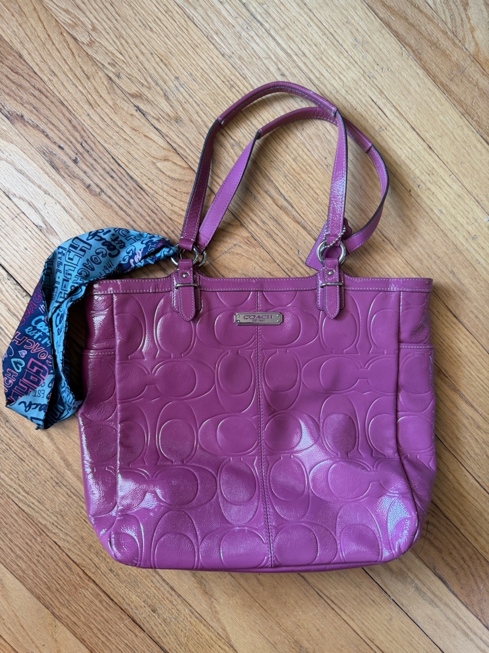 Coach Pink Patent Signature Tote with Poppy Scarf Accent